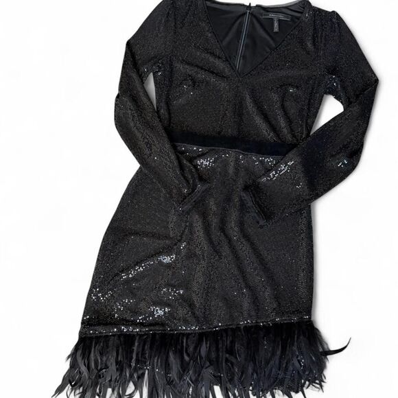 BCBG Maxazria Black Sequin and Feather Cocktail Dress Size S - Picture 3 of 10
